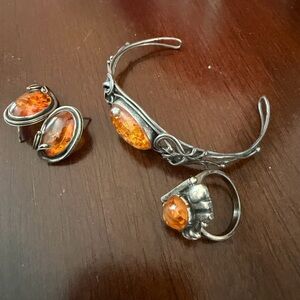 Amber and Silver Jewelry Set ring size 8